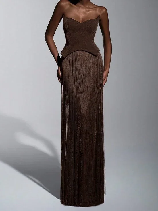 Brown Elegant Women's Glitter Knit Off-Shoulder Tassel Bodycon Dress - Picture 3 of 7